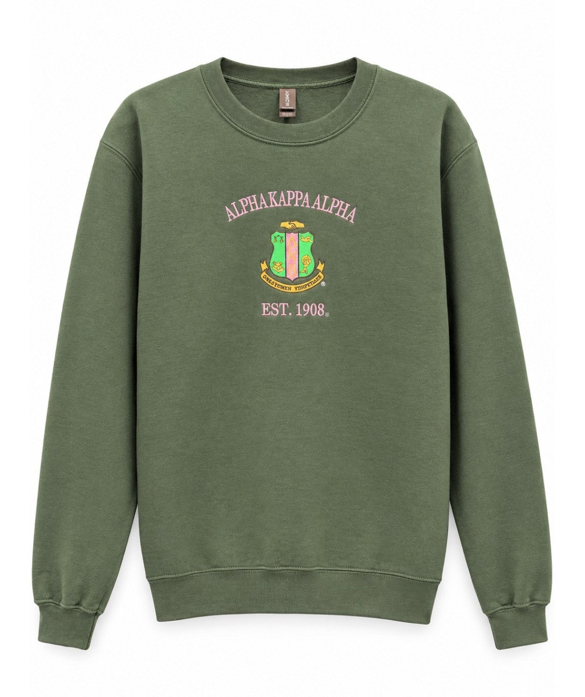 Green sweatshirt with an Alpha Kappa Alpha crest embroidered on the chest