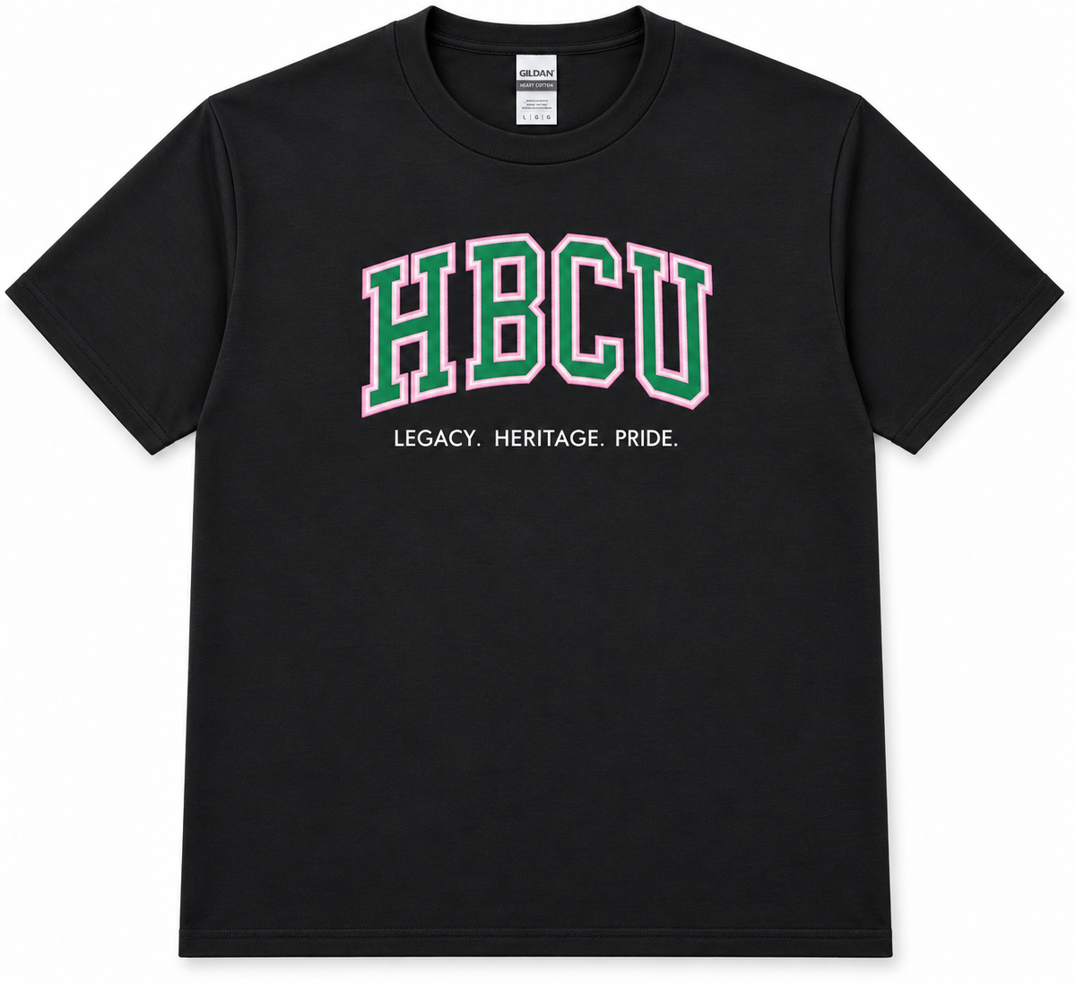 Black tee reading HBCU in green letters with Legacy, Heritage, Pride below